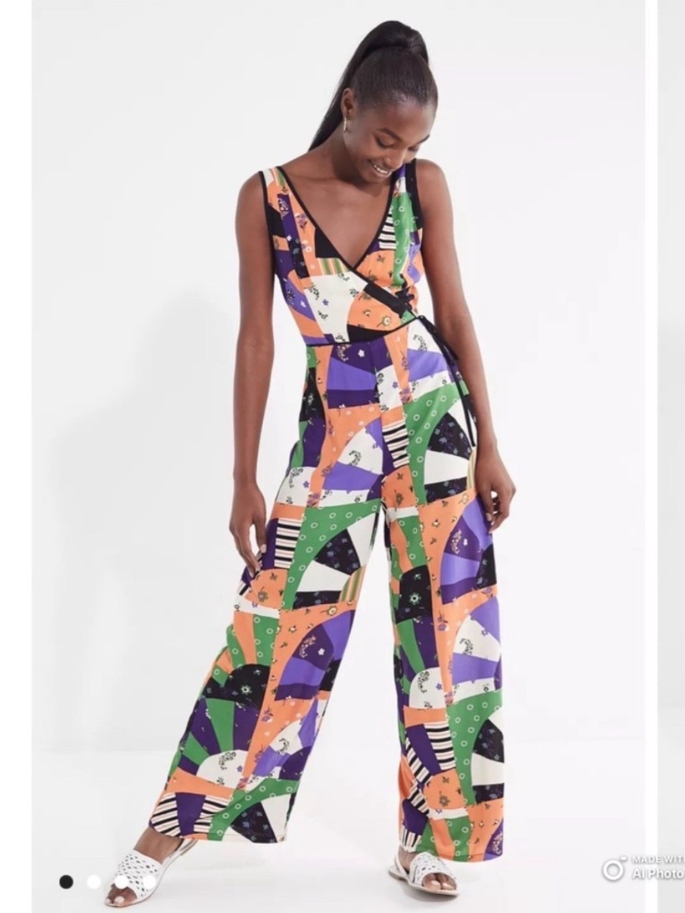Urban Outfitters Patchwork Boho Surplice Wide Leg Jumpsuit Sz 6 Festival
